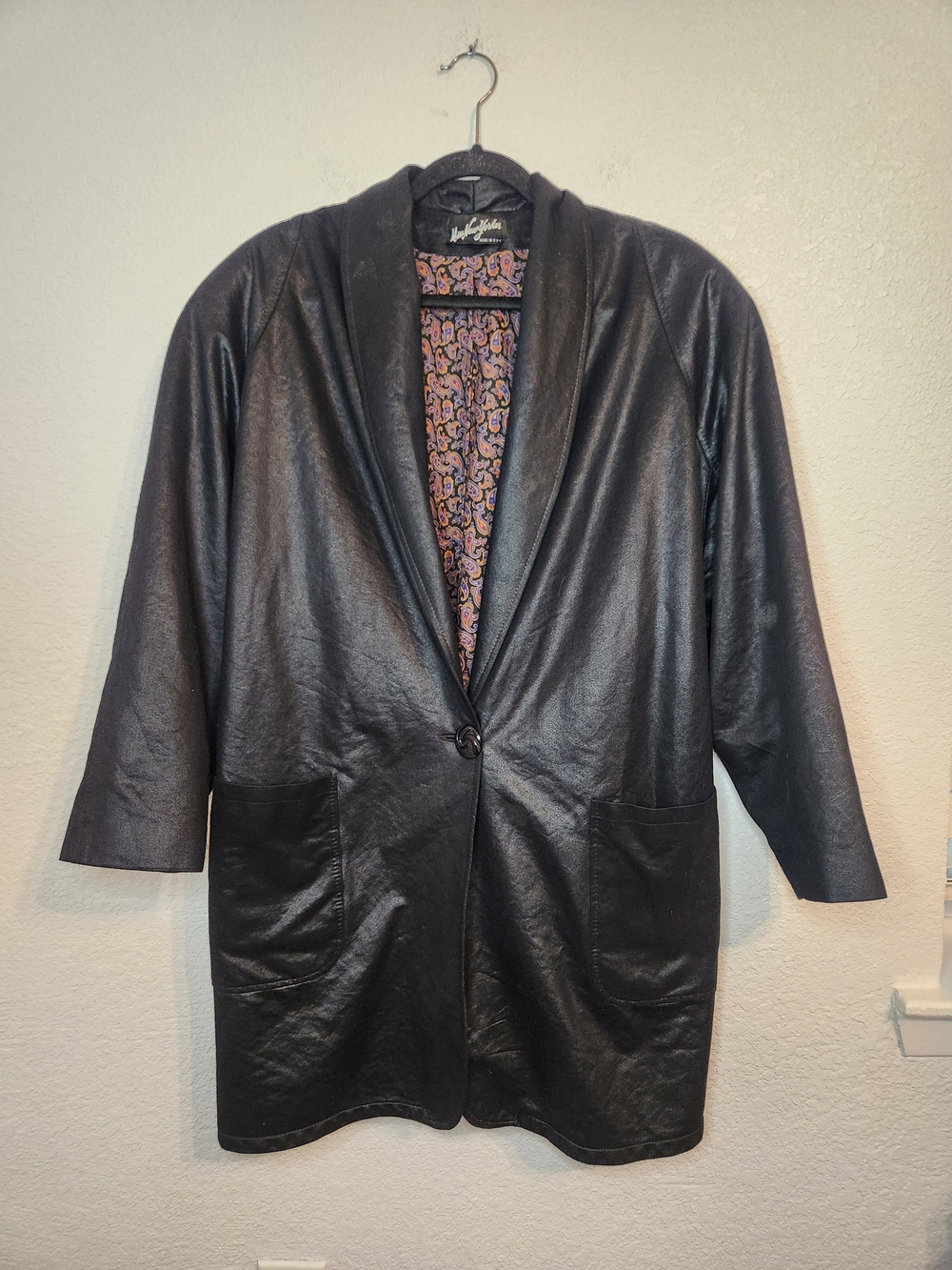 Miss new York vintage black liquid leather blazer shawl collar padded shoulders